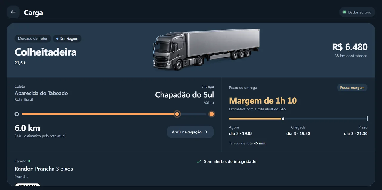 Informações da colheitadeira, coleta, entrega, pagamento e prazo no EuroOs.