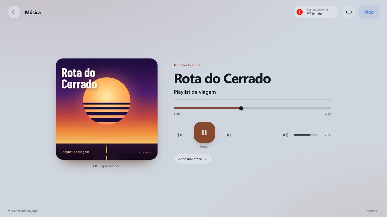 Player de música do EuroOs com capa, controles, progresso e volume.