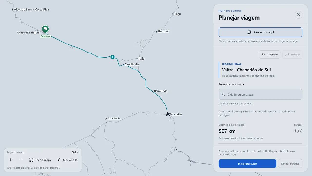Planejador do EuroOs com uma passagem antes da entrega, rota de 31 km e início do percurso disponível.
