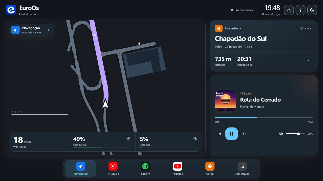Central do EuroOs no tema HarmonyOS, com mapa, instrumentos e player.