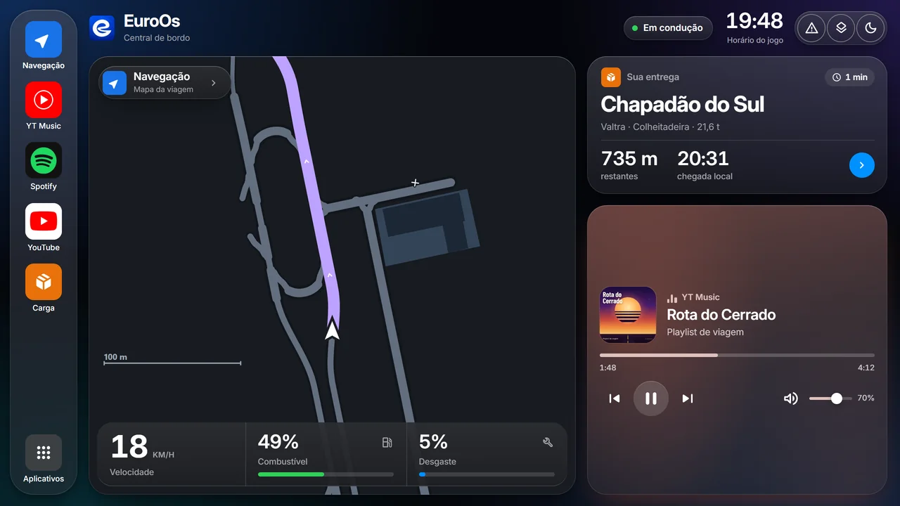 Central do EuroOs no tema iOS, com mapa, instrumentos e player.
